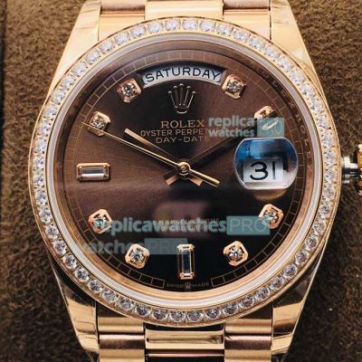 EW Rolex Day Date 36 Rose Gold Chocolate Dial Diamond Bezel Watch